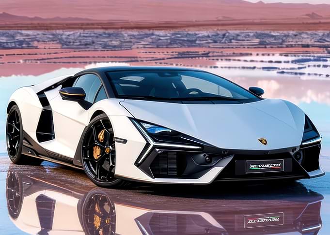 White Lamborghini Revuelto on Reflective Surface