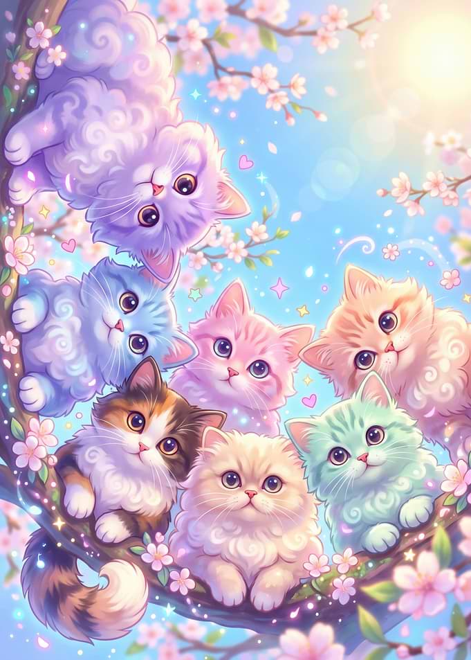 Cute Kittens on Cherry Blossom Tree