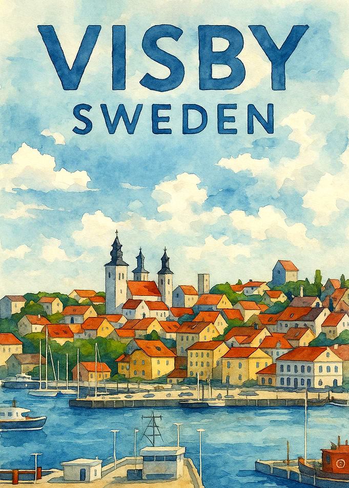 Visby Sweden Vintage Travel Poster | Watercolor Scandinavian Harbor Wall Art