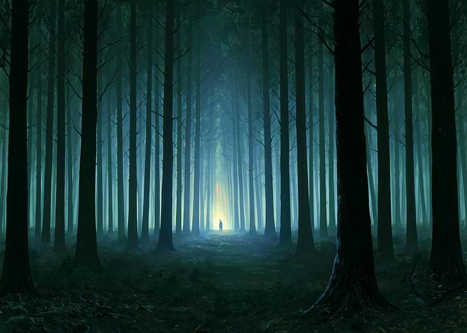 Mysterious Figure in a Dark Forest