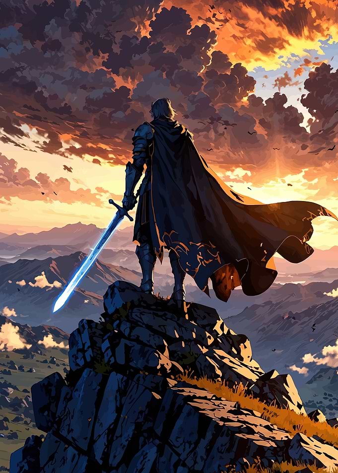 Knight on a cliff at sunset