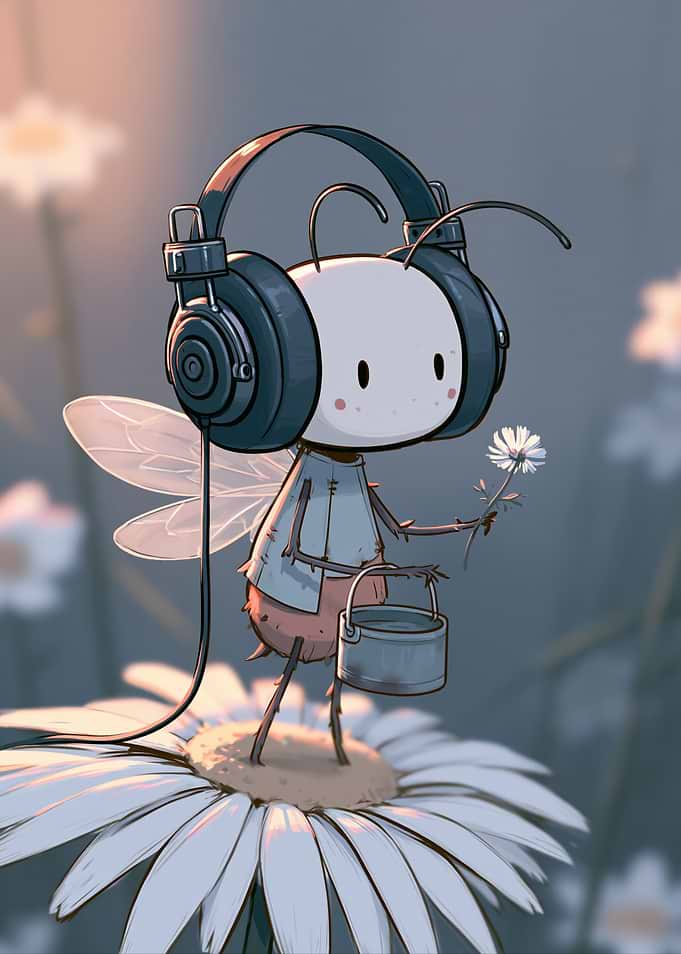 Cute Bug with Headphones on a Daisy