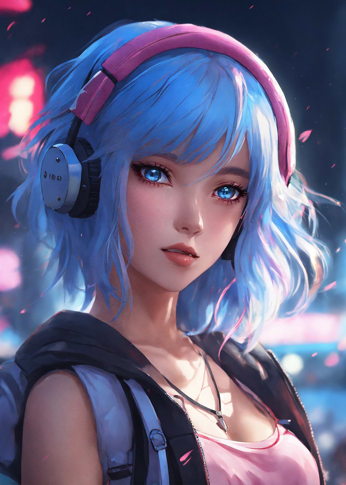 Anime Girl with Blue Hair and Headphones