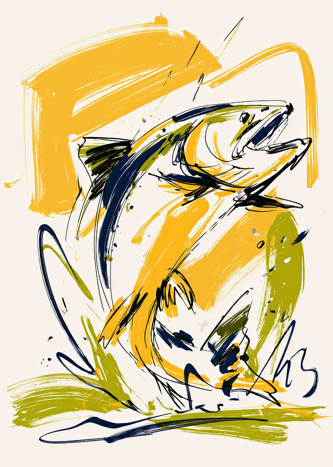 Salmon Jumping in Abstract Style