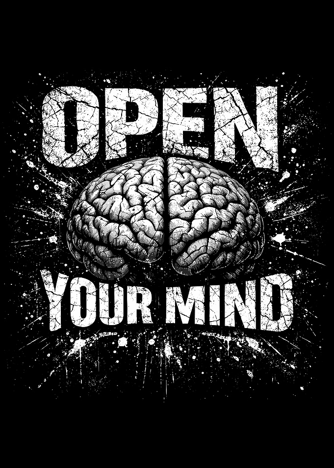 Open Your Mind Brain Poster Motivational Black and White Typography Wall Art