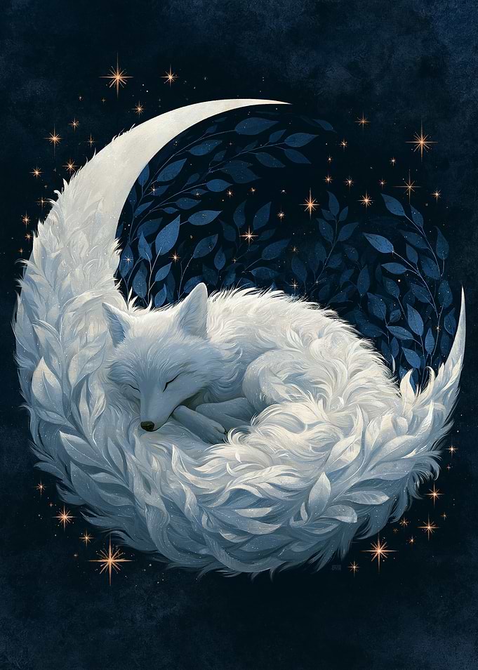 Sleeping Fox on Crescent Moon