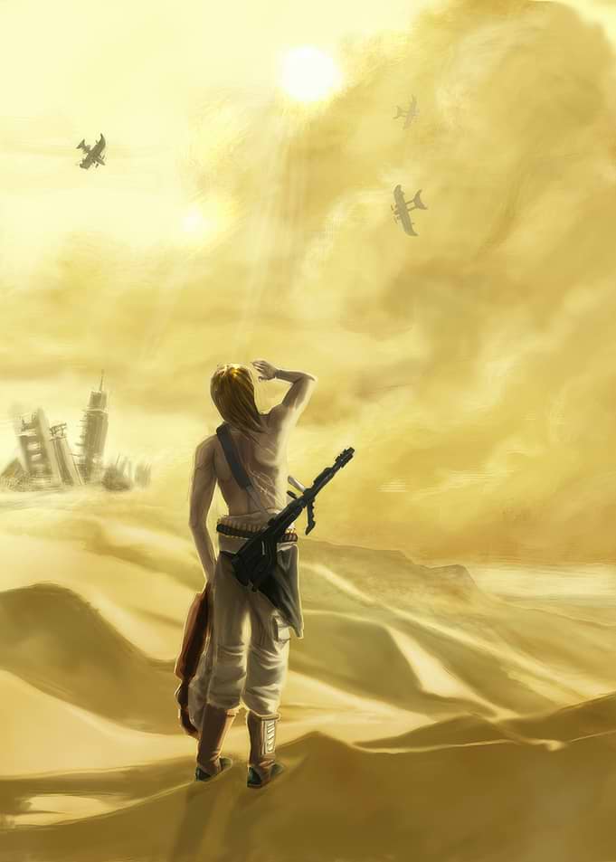 Post-apocalyptic desert warrior with planes