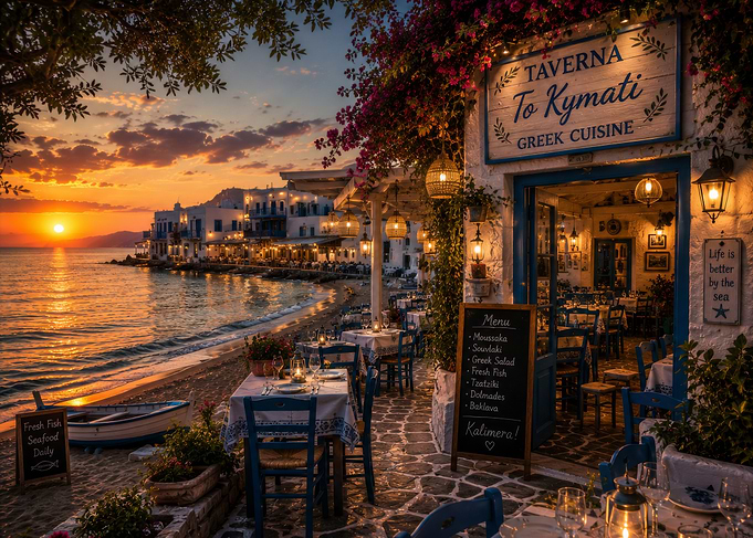Greek Taverna by the Sea at Sunset