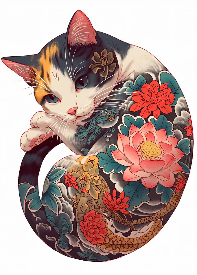Tattooed Calico Cat with Flowers