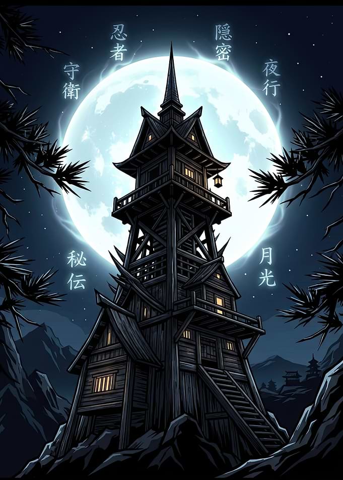 Mysterious Ninja Tower Under the Moon