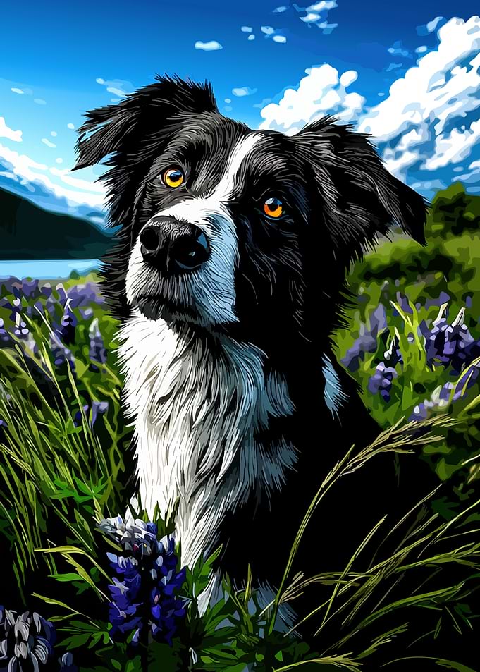 Border Collie in a Field of Flowers