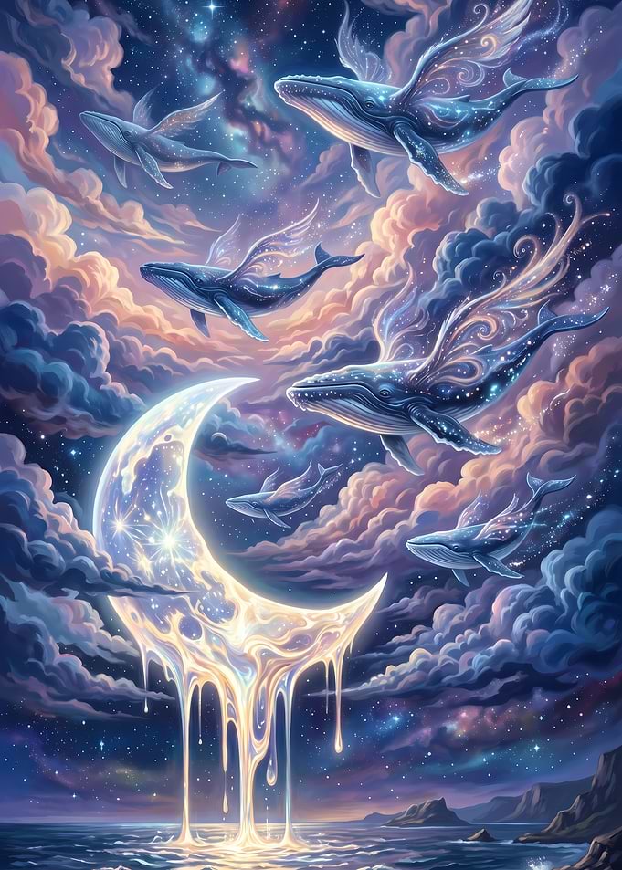 Whales Flying Through a Cosmic Dreamscape