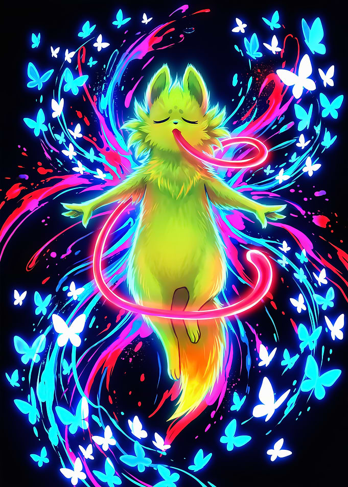 Neon Fox with Butterflies