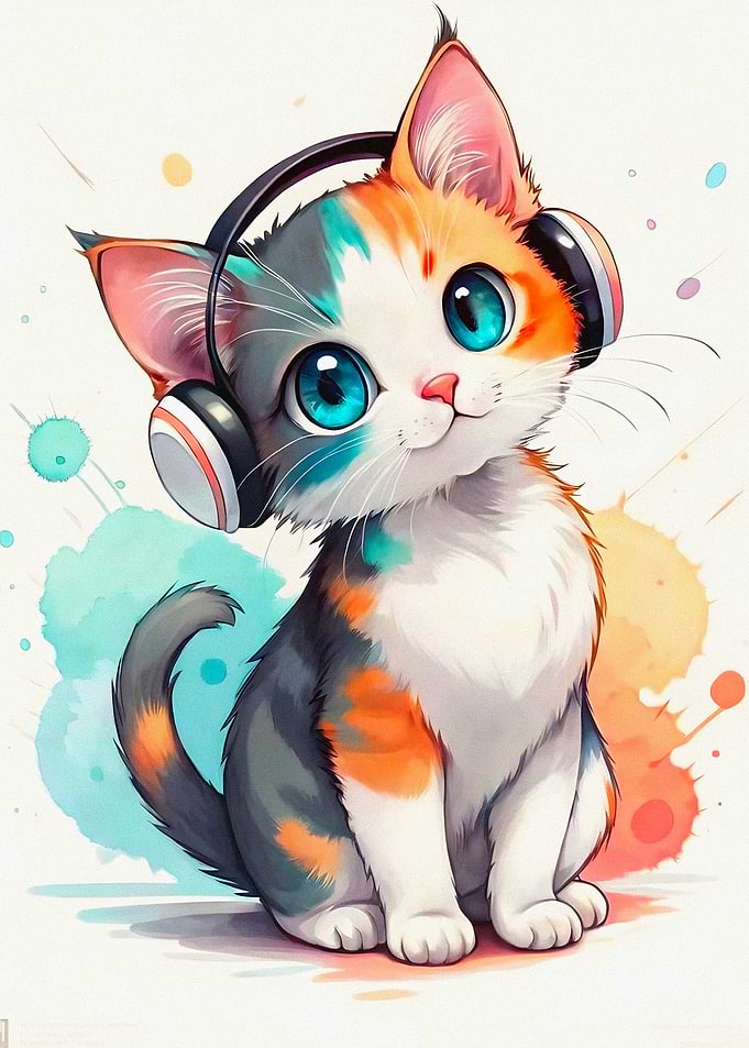 Cute Calico Cat with Headphones