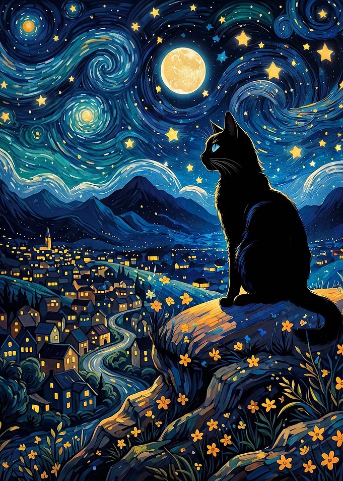 Black Cat Under Starry Night Sky