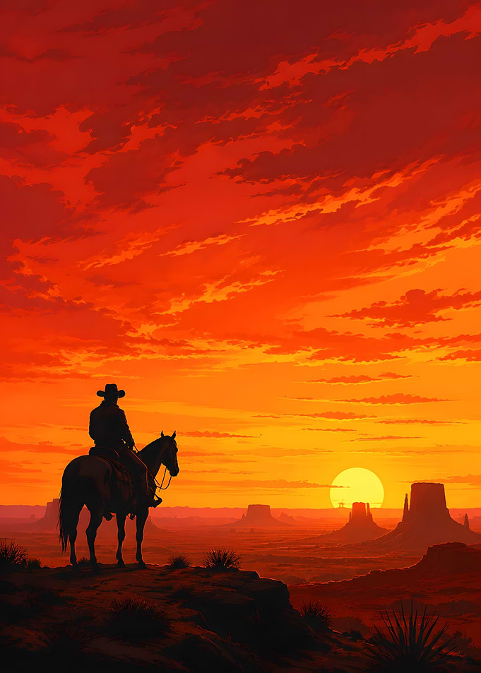 Cowboy on Horse at Sunset