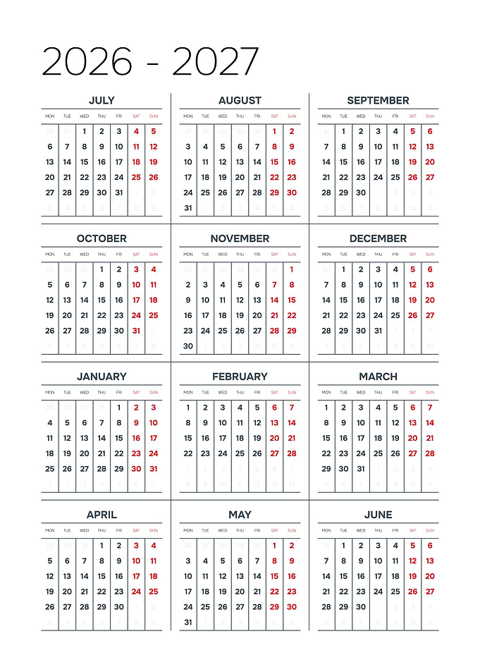 2026-2027 Calendar Grid