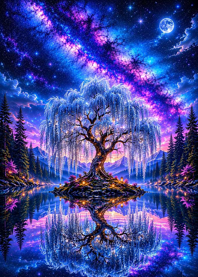 Enchanted Willow Tree by Starlit Lake