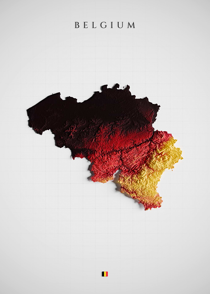 Belgium Relief Study - Color Shaded Terrain Map, 3D Elevation
