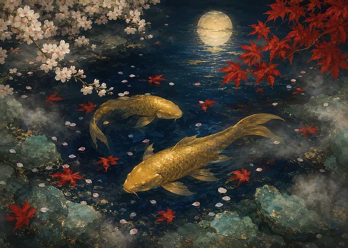 Golden Koi Fish Under Moonlight