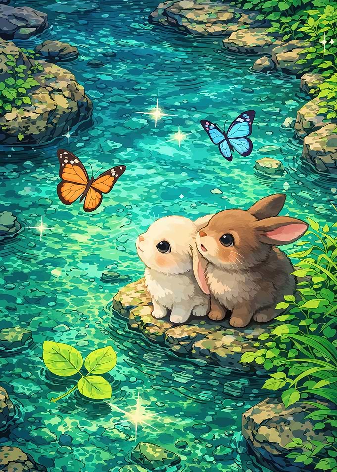 Cute Bunnies by a Stream