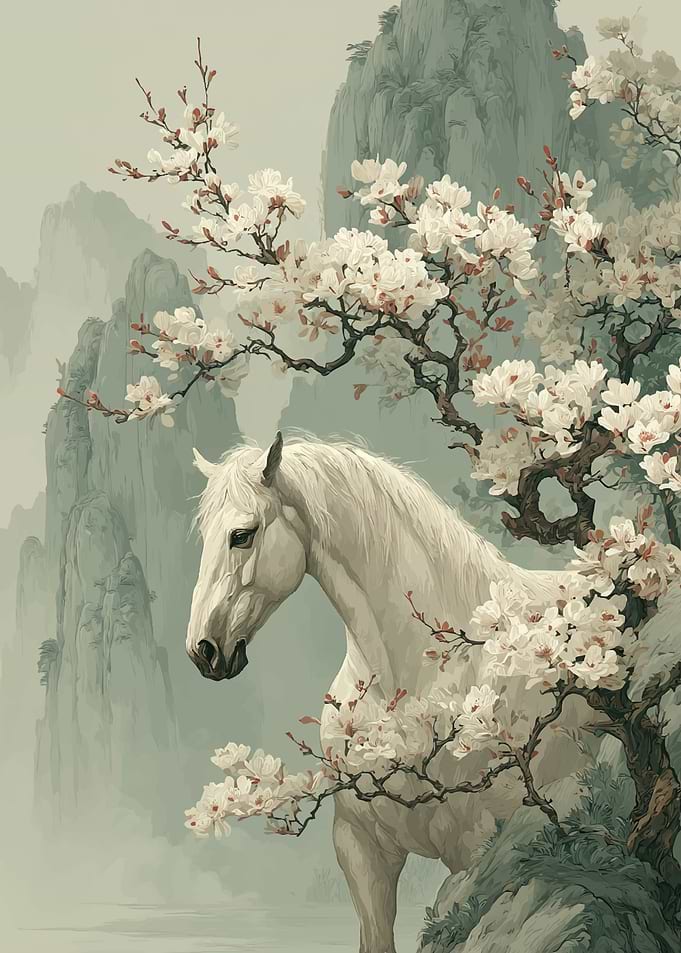 White Horse Among Cherry Blossoms