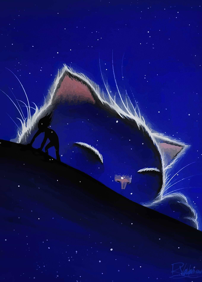 Giant Cat Face in Starry Night Sky