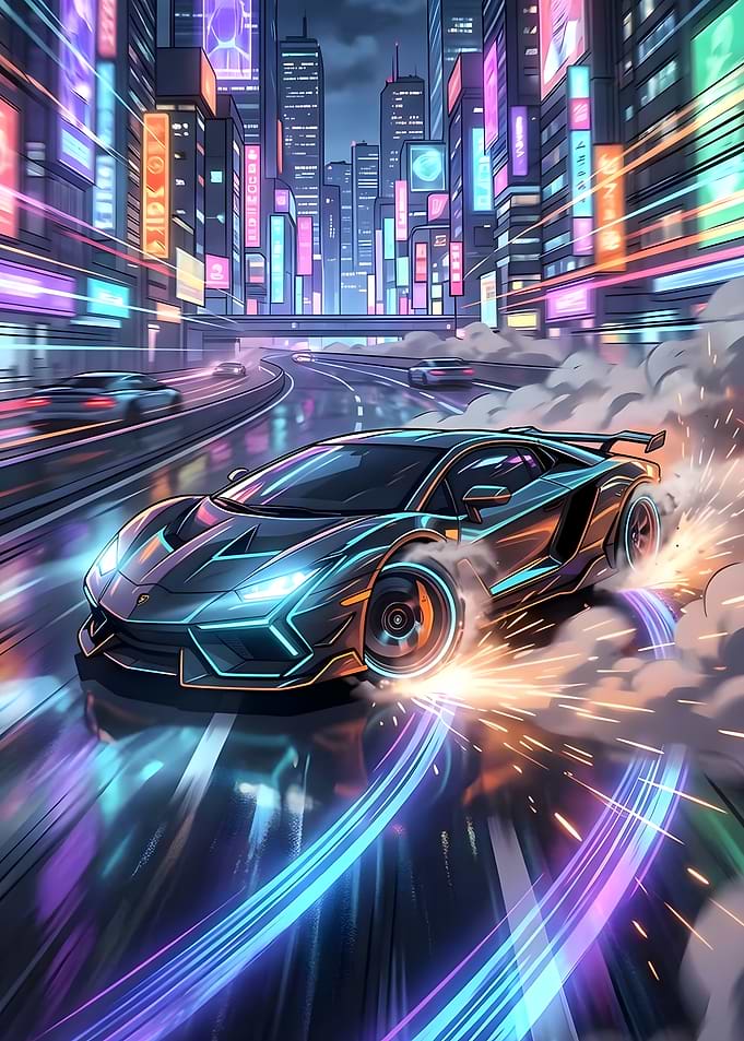 Cyberpunk Car Drifting in Neon City