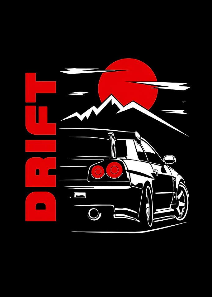 Drift Car Print — JDM Sport Car Red Sun Poster, Framed Racing Wall Art, Japan Car Decor, Car Gift