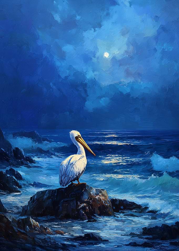 Pelican on a rock at night