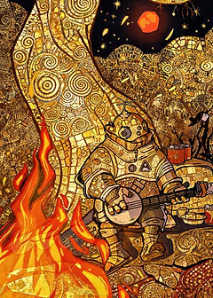 Robot playing banjo by campfire