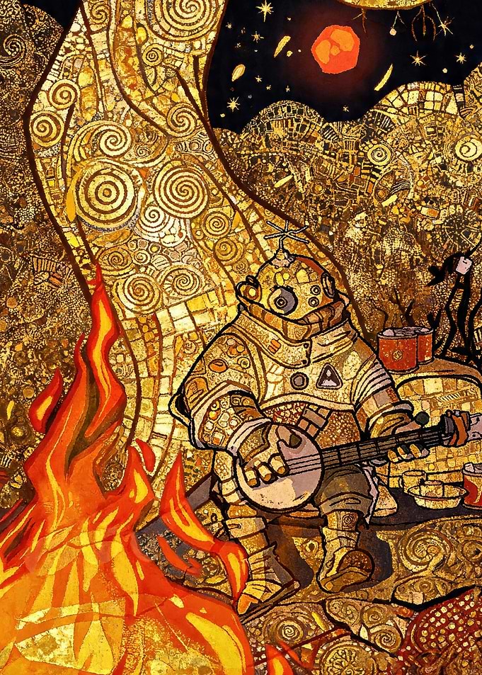 Robot playing banjo by campfire