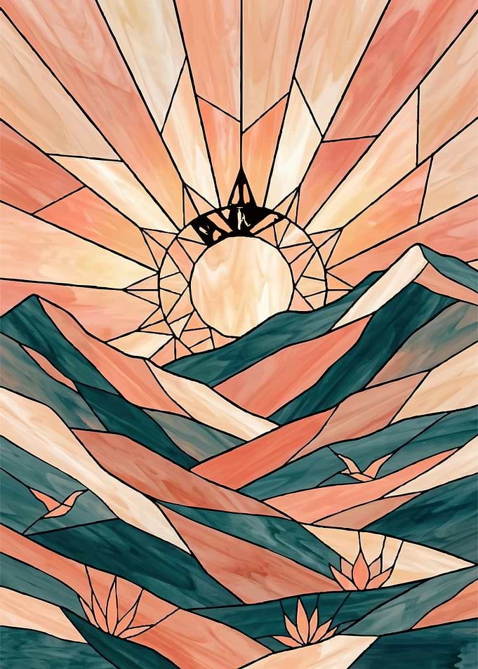 Stained Glass Sunrise Over Mountains