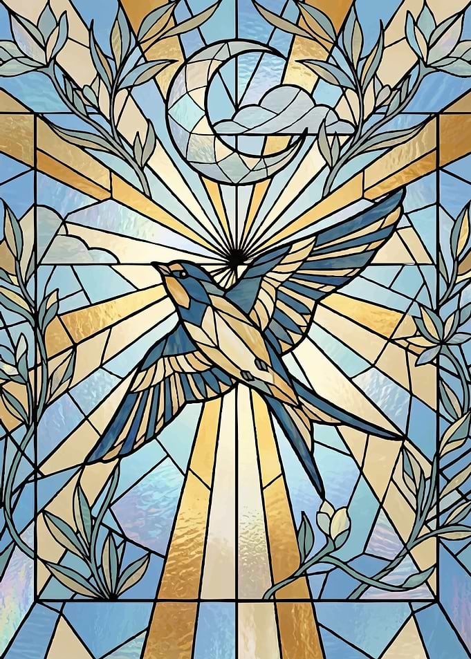 Stained Glass Bird and Moon