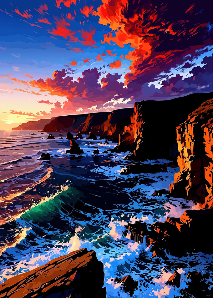 Dramatic Sunset Over Rocky Coastline