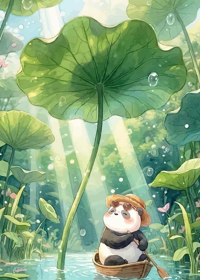 Panda in a boat among lotus leaves