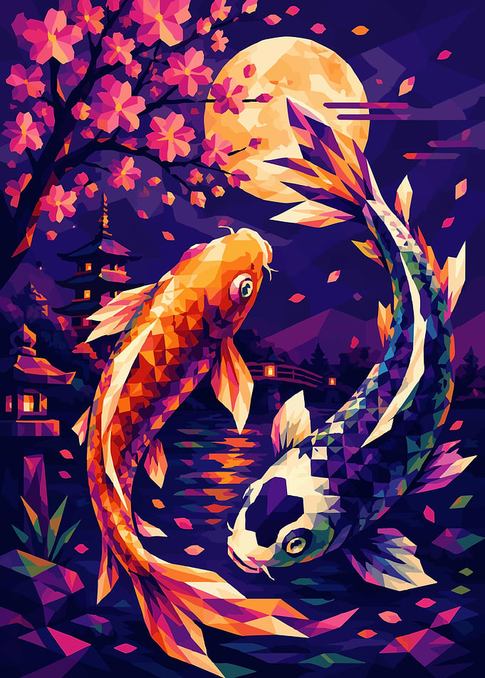 Koi Fish Under Cherry Blossoms and Moon