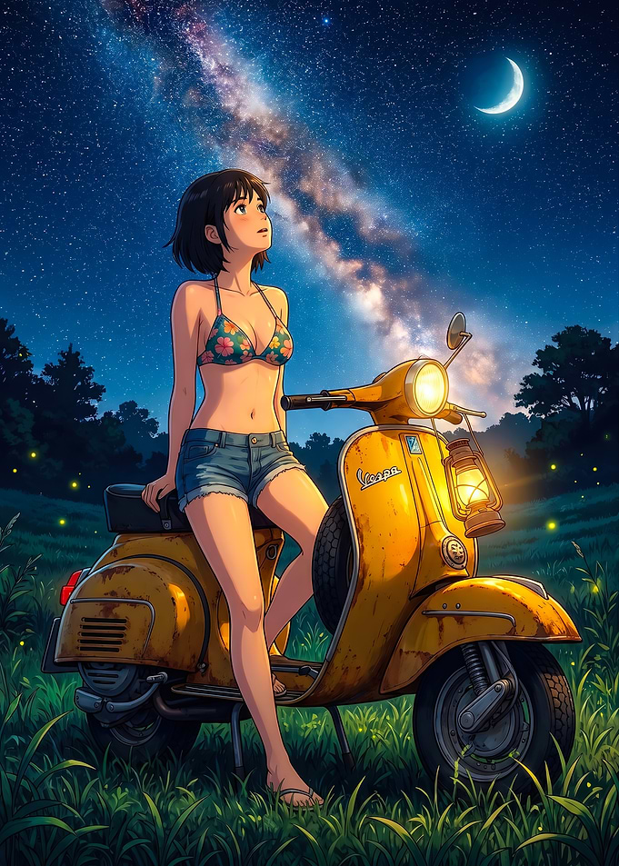 Anime Girl on Scooter Under Milky Way