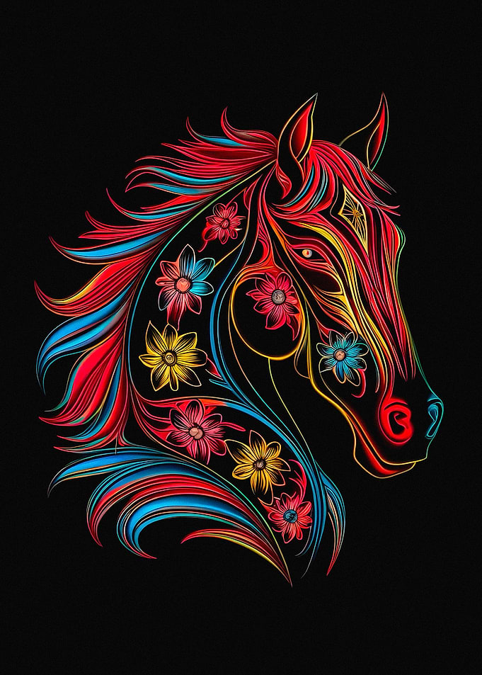 Colorful Horse Head with Flowers