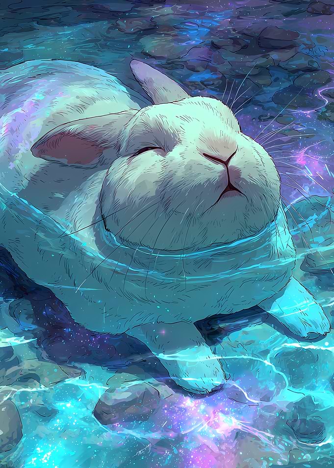 Dreamy Rabbit Floating in Cosmic Water