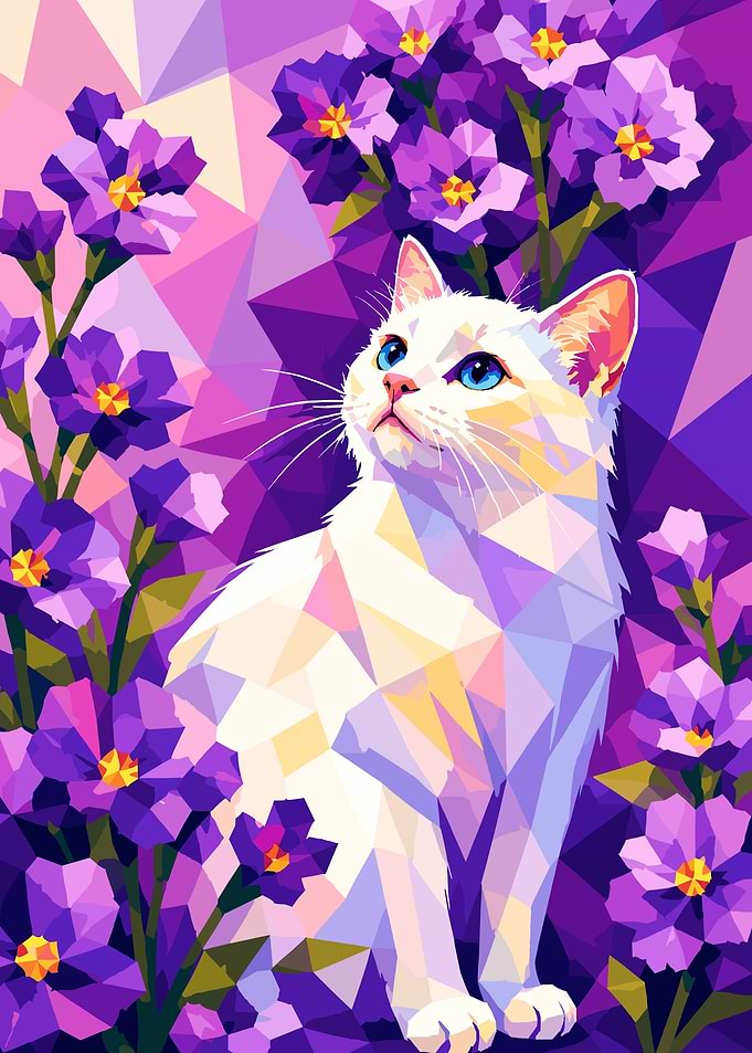 White Cat Among Purple Flowers