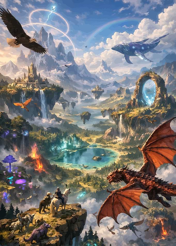 Epic Fantasy Landscape with Dragons and Castles