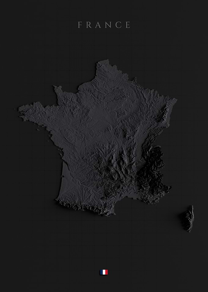 France Terrain Masterpiece - Dark Shaded Relief Map, 3D Elevation