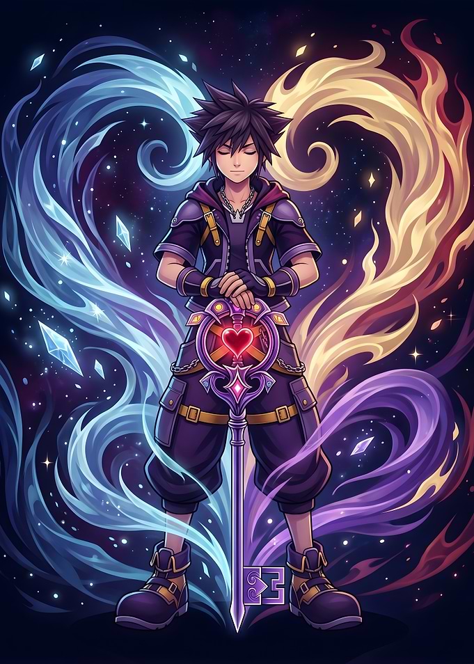 Kingdom Hearts Sora with Keyblade in Cosmic Swirls