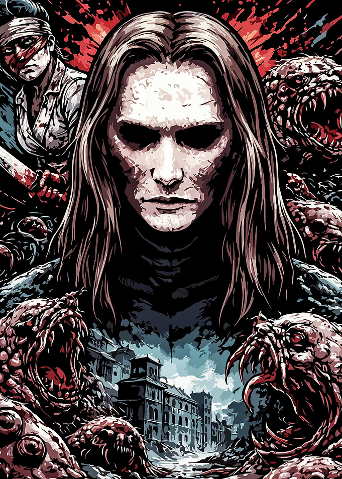 Horror Scene with Monsters and Bandaged Woman