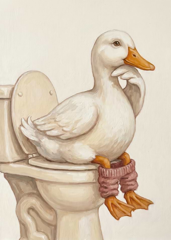 Pensive Duck Sitting On Toilet Wearing Leg Warmers