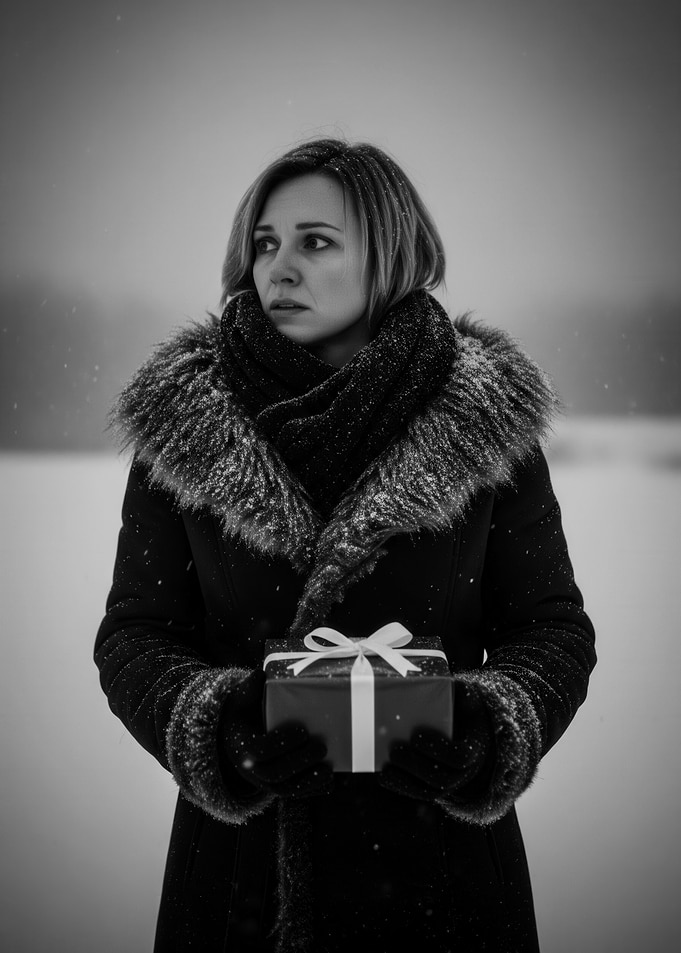 Woman in Winter Coat Holding Gift