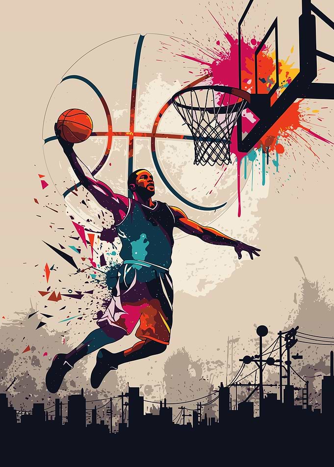 Basketball Player Dunking with Abstract Splatter