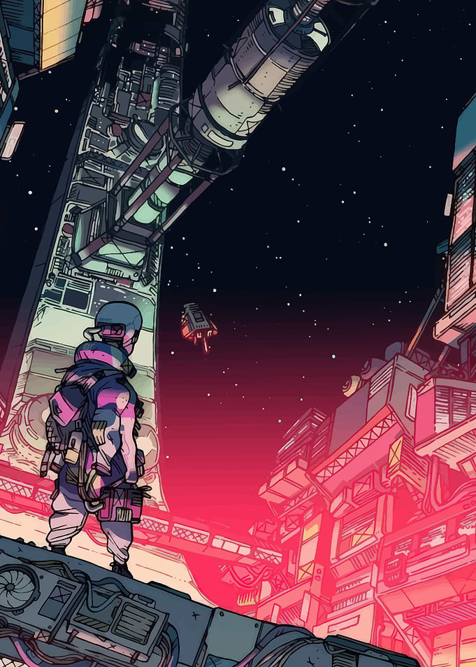 Astronaut overlooking futuristic city