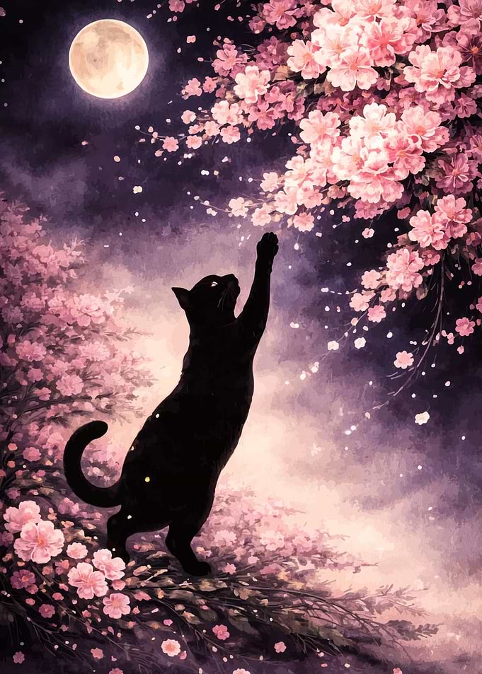 Black Cat Reaching for Cherry Blossoms Under the Moon